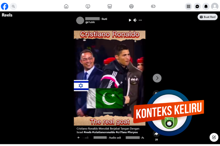 Tangkapan layar unggahan dengan konteks keliru di sebuah akun Facebook, Kamis (12/10/2023), soal Ronaldo menolak berjabat tangan dengan orang Israel.