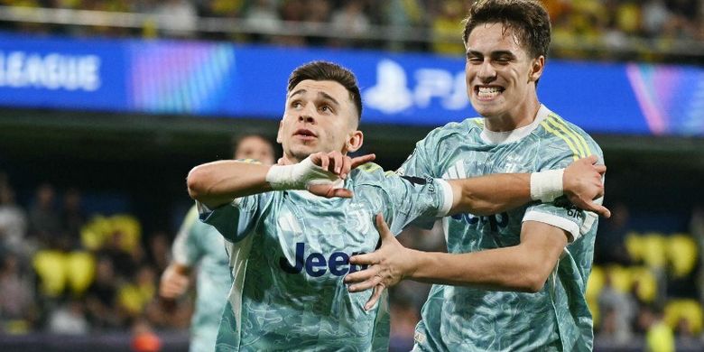 Penyerang Juventus, Francisco Conceicao, merayakan gol pada laga Villarreal vs Juventus yang merupakan bagian dari matchweek 2 Liga Champions 2025-2026 pada Kamis (2/10/2025) dini hari WIB.