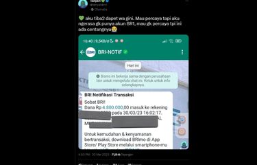 Beredar cuitan berupa tangkapan layar chat WhatsApp yang menunjukkan BRI mengirimkan uang kepada masyarakat dan pemberitahuannua dikirimkan melalui pesan instan.