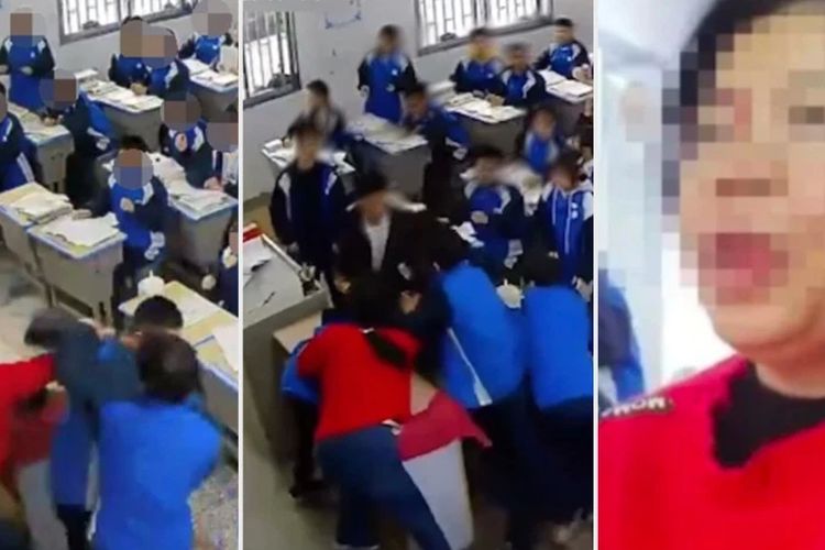 Kolase tangkapan layar guru di China dipukul muridnya yang kelaparan, karena telat membubarkan kelas untuk istirahat makan siang.