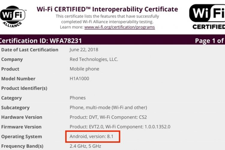 Sertifikat Wi-Fi Alliance untuk smartphone Red Hydrogen One.