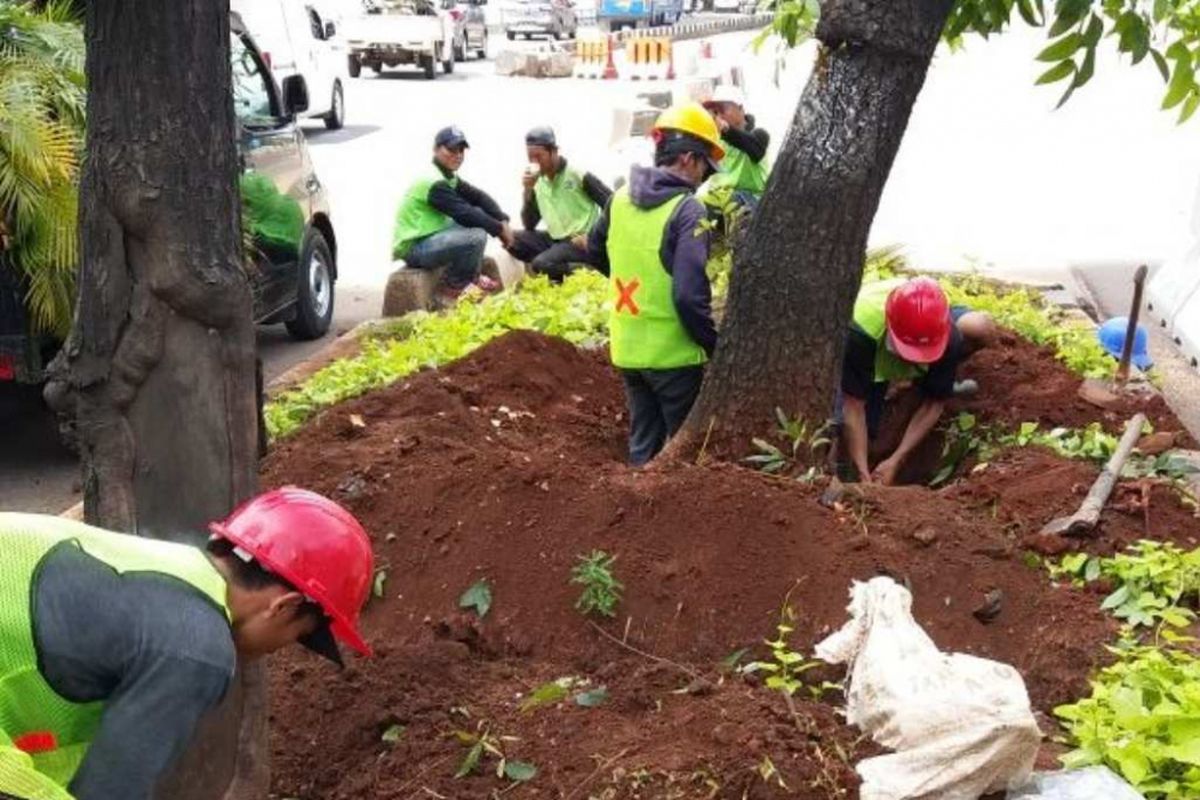 Separator jalur cepat dengan jalur lambat di Jalan Jenderal Sudirman dibongkar, Selasa (27/2/2018).