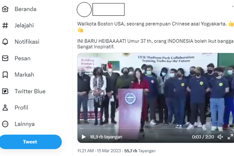 Tangkapan layar twit bernarasi wali kota Boston, Amerika Serikat (AS) disebutkan berasal dari Yogyakarta.