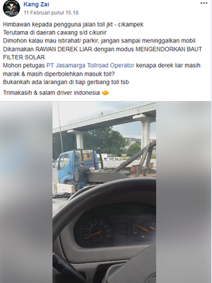Tangkapan layar dari video adanya derek liar di jalan tol Jakarta-Cikampek.