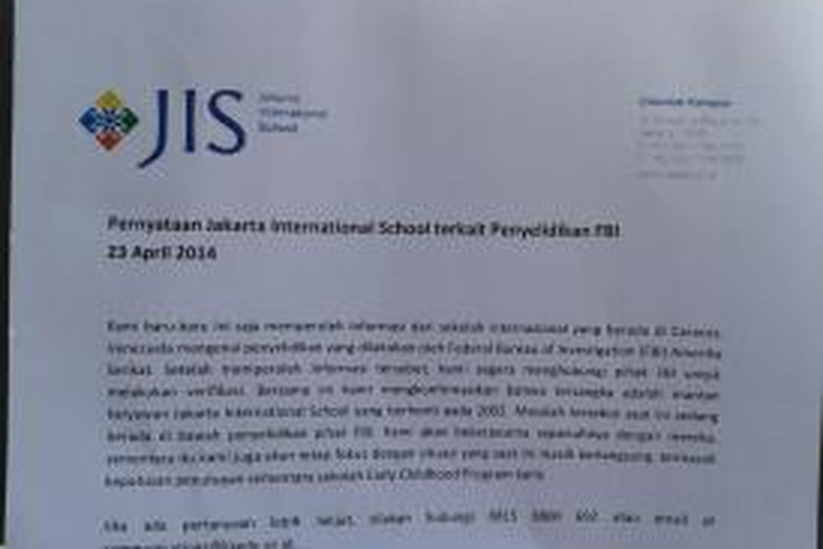 Surat pernyataan Jakarta International School (JIS) terkait temuan FBI tentang tersangka guru paedofil yang pernah mengajar di JIS dari 1992-2002. 