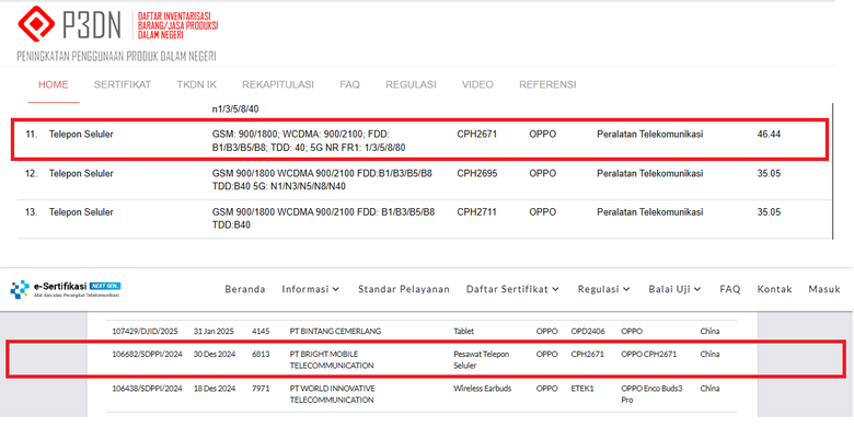 Tangkapan layar laman TKDN Kemenperin dan Postel Komdigi yang menampilkan sertifikasi kode ponsel CPH2671, nomor model untuk Oppo Find N5.