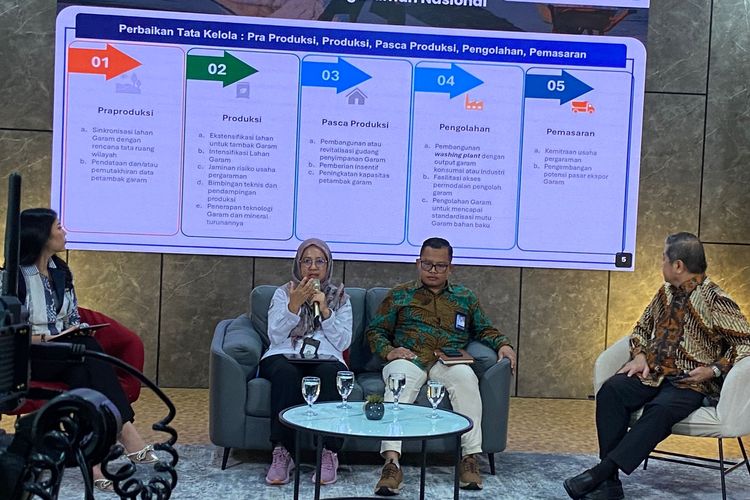 Direktur Sumber Daya Kelautan Ditjen Pengelolaan Kelautan KKP, Frista Yorhanita (dua dari kiri) menjelaskan target swasembada garam, Kamis (12/2/2026). 