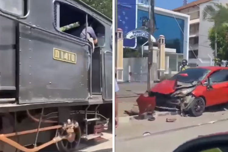 Kolase tangkapan layar video yang memperlihatkan tabrakan antara Kereta Jaladara dengan mobil di Jalan Slamet Riyadi, Solo, Jawa Tengah.