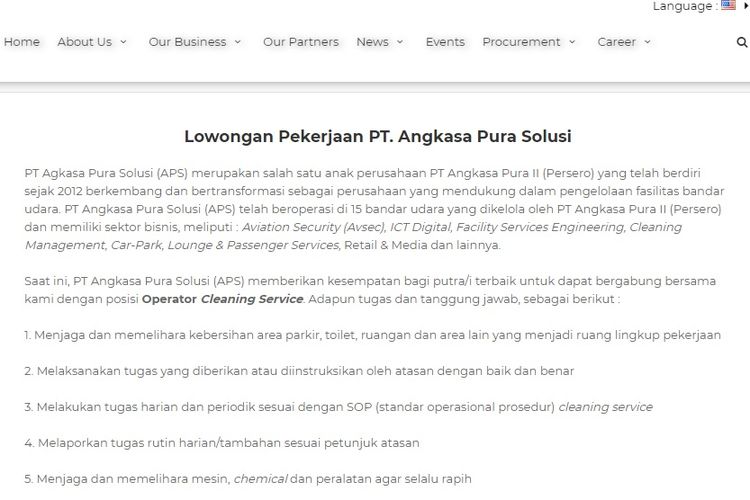 Pengumuman adanya lowongan kerja untuk SMA Sederajat di website resmi PT Angkasa Pura Solusi.