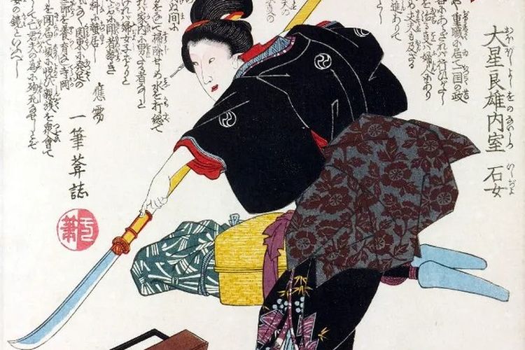 Ilustrasi onna-bugeisha yang menggambarkan Ishi-jo yang memegang naginata dan dilukis oleh Utagawa Kuniyoshi pada 1848 [CeCILL/CC/Via History Hit].