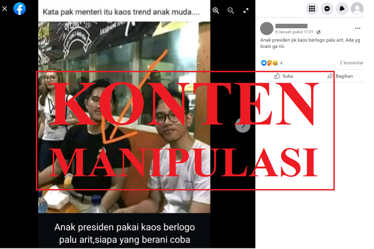 Tangkapan layar konten manipulasi di sebuah akun Facebook, Senin (9/10/2023), soal foto Kaesang Pangarep mengenakan kaus hitam polos, diedit dengan logo palu arit. 