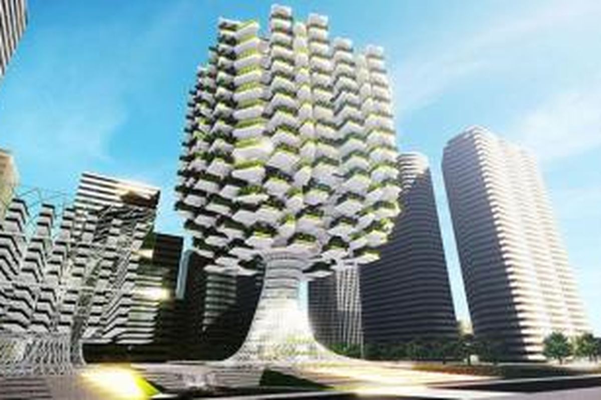 Didesain mirip dengan pohon berukuran raksasa, Urban Skyfarm ini menggunakan dek-dek ringan untuk menyediakan ruang bercocok tanam di menara pencakar langit.