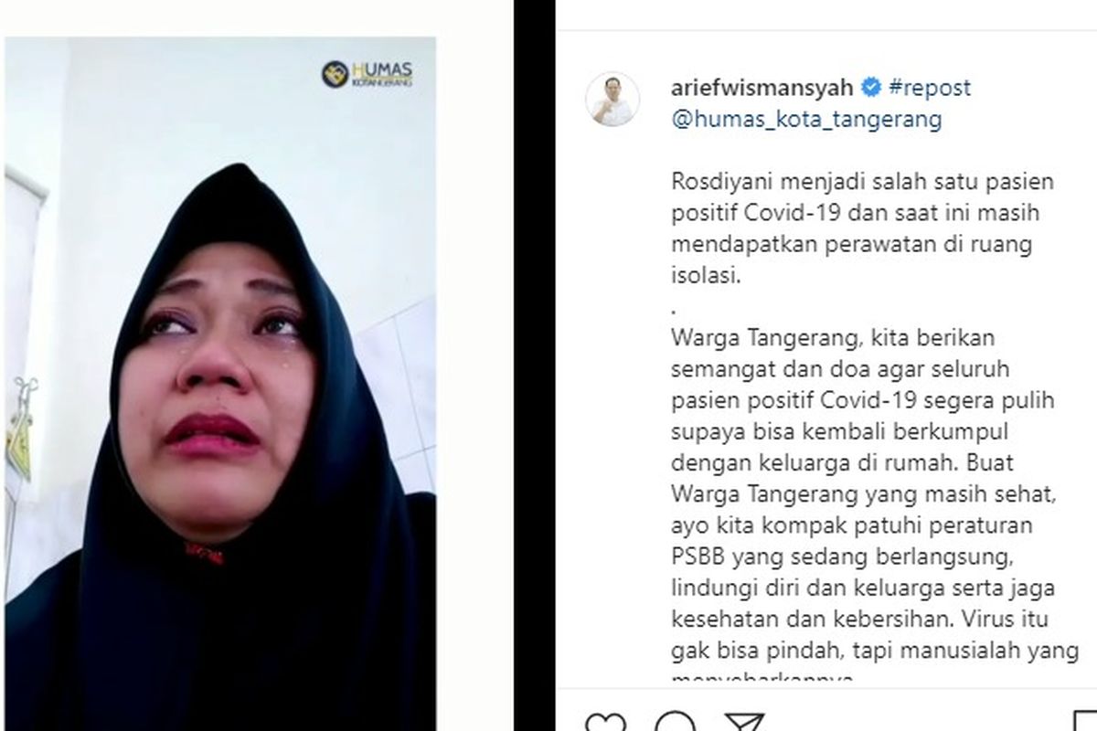 Kesaksian pasien Covid-19 Kota Tangerang yang diunggah oleh Wali Kota Tangerang Arief Wismansyah lewat akun instagramnya, Minggu (26/4/2020)