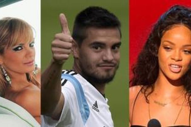 Eliana Guercio (kiri), istri kiper Argentina Sergio Romero (tengah) dan penyanyi pop Rihanna (kanan).