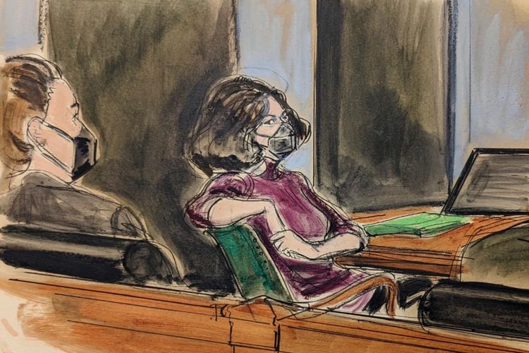 Sketsa persidangan yang menunjukkan Ghislaine Maxwell duduk di ruang sidang saat menunggu juri berdiskusi mengenai keterlibatannya dalam kasus pelecehan seksual, dalam sebuah persidangan di New York, pada 29 Desember 2021.