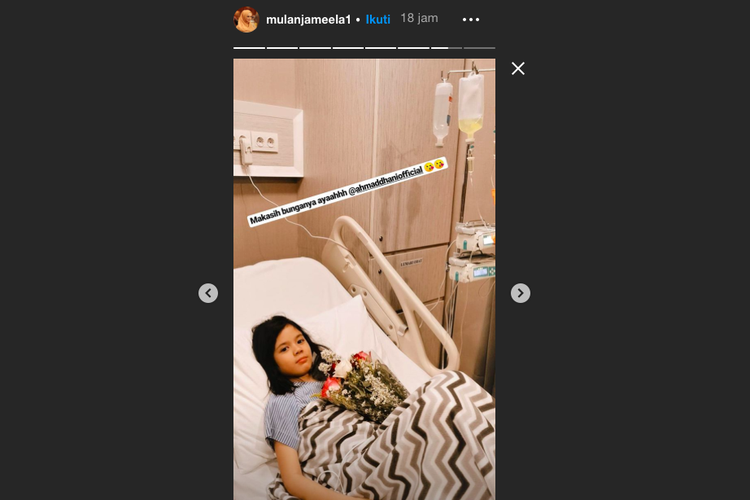Tangkapan gambar dari Instagram Story Mulan Jameela. Terlihat Safeea Ahmad yang sedang sakit menerima buket bunga dari Ahmad Dhani