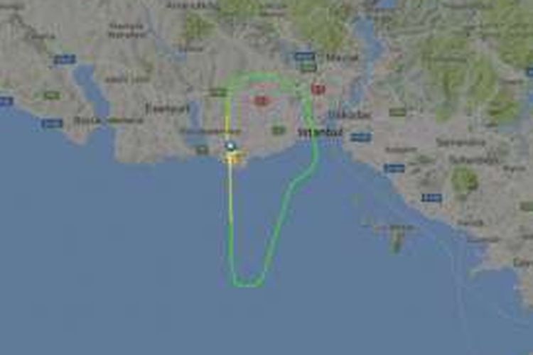 Dalam peta ini terlihat Qatar Airways berputar kembali di atas Laut Marmara untuk kembali ke bandara Ataturk, Istanbul.