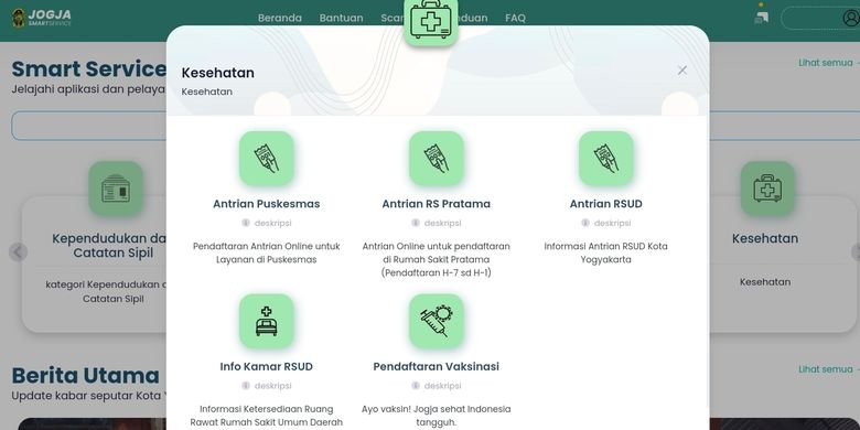 Menu pada laman Jogja Smart Service, trmasuk pendaftaran online antrean Puskesmas.