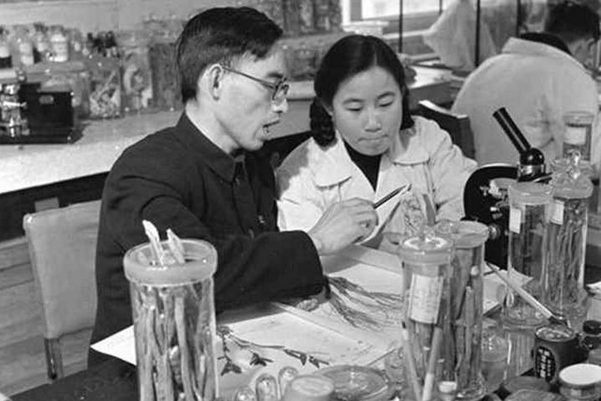 Penemu obat malaria artemisinin, Tu Youyou (kanan) dan tutornya Lou Zhicen China Academy of Chinese Medical Sciences tahun 1950-an. Tu Youyou berhasil menemukan obat malaria baru dari catatan ramuan obat tradisional kuno China.