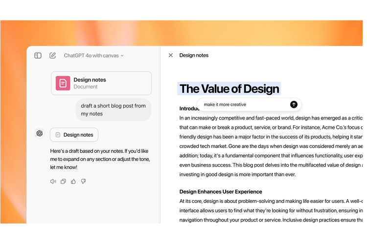 OpenAI meluncurkan antarmuka Canvas baru pada model GPT-4o, baru-baru ini. Ini menjadi perombokan desain besar pertama semenjak ChatGPT dirilis pada 2022.

