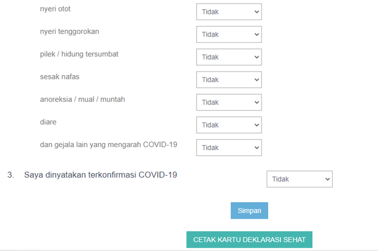 Tangkapan layar formulir isian deklarasi sehat pada laman SSCASN.