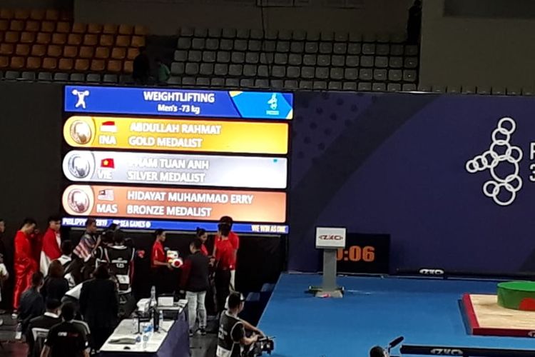 Hasil perolehan medali emas cabang olahraga Angkat Besi nomor 73 kilogram. Rahmat Abdullah sukses menyumbang medali emas untuk kontingen Indonesia di ajang SEA Games 2019.