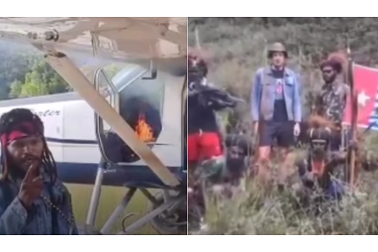 Tangkapan layar unggahan yang memperlihatkan pembakaran pesawat Susi Air dan penyanderaan sang pilot oleh Kelompok Kriminal Bersenjata (KKB).