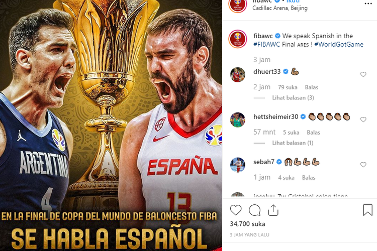 TImnas basket Spanyol akan berjumpa Argentina pada final Piala Dunia Basket 2019.