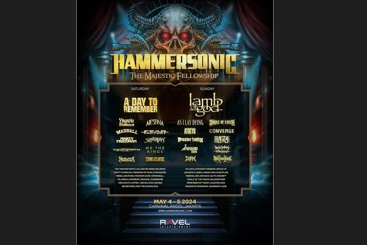 Festival musik metal Hammersonic 2024 akan digelar di Pantai Carnaval, Ancol, Jakarta Utara, pada 4 dan 5 Mei 2024.