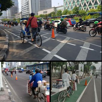 Para pesepeda dari kalangan pedagang informal yang sedang melintasi jalan protokol di Ibu Kota.

Foto atas dan bawah sebelah kiri: ITDP
Foto bawah sebelah kanan: Diambil dari pengguna Twitter