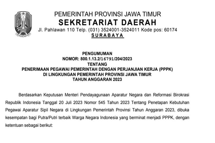 Pengadaan PPPK Pemprov Jawa Timur 2023