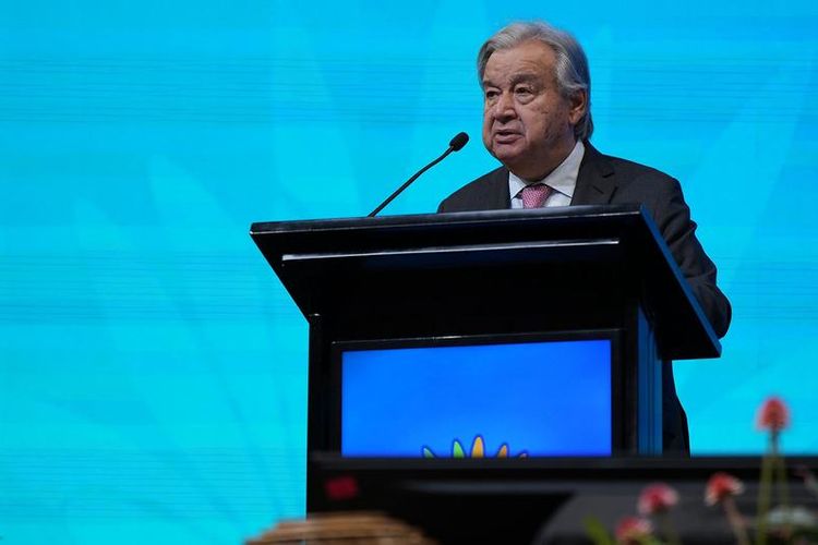 Sekretaris Jenderal PBB Antonio Guterres menyampaikan pidato dalam salah satu kegiatan KTT Keanekaragaman Hayati COP16 di Cali, Kolombia, Selasa (29/10/2024).
