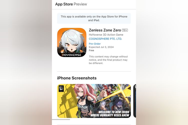 Tanggal rilis Zenless Zone Zero di App Store.