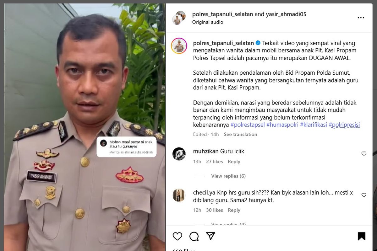 Mantan Kapolres Tapanuli Selatan Akbp Yasir Ahmadi mengklarifikasi pernyataannya soal wanita di dalam mobil dinas Plh Kasi Propam Polres Tapsel Iptu A yang dibawa anak Iptu A, berinisial AS (16) pada 6 Juli 2025. 