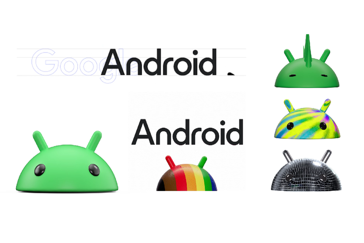Logo baru Android. Maskot Bugdroid tampil dengan lebih dinamis. Misalnya, ada karakter Bugdroid berwarna kuning, biru, pelangi, hitam, hingga karakter Bugdroid berbulu dan memiliki tanduk.