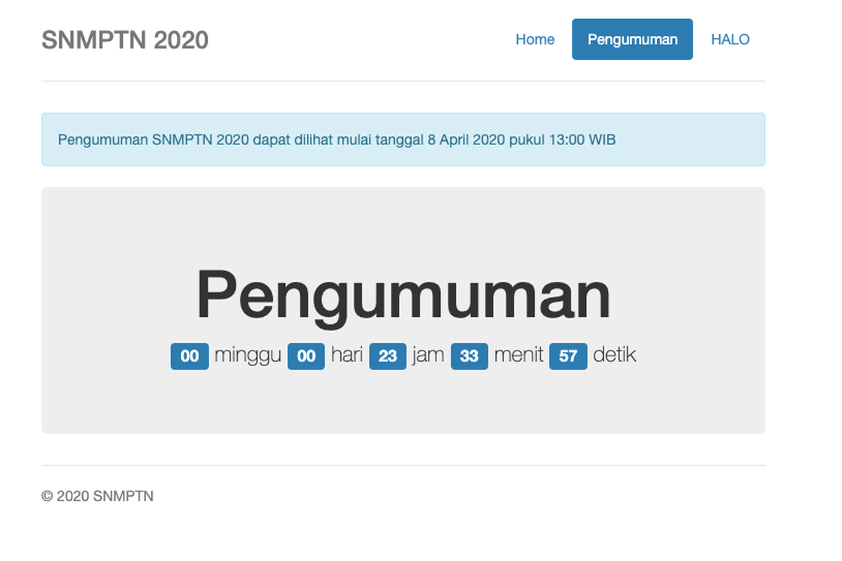 Tangkapan layar laman LTMPT pengumuman SNMPTN 2020