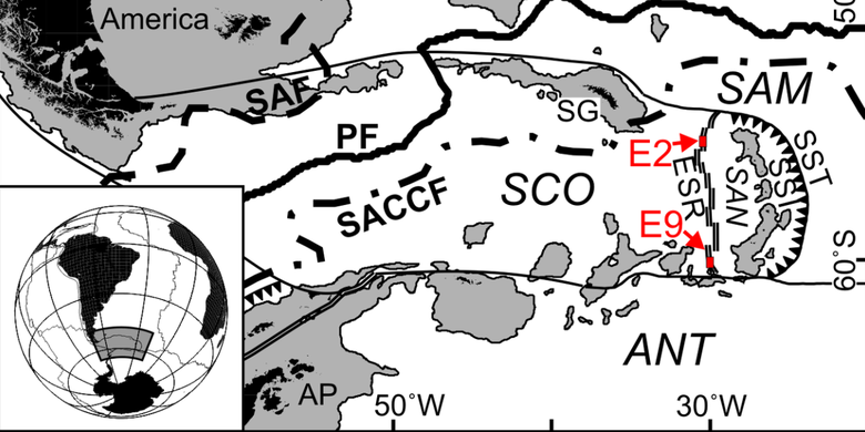 Peta Lempeng Sandwich Selatan (SAN) menunjukkan posisinya di antara Lempeng Scotia (SCO), Lempeng Amerika Selatan (SAM) dan Lempeng Antartika (ANT). Ada juga yang terlihat Punggung bukit Scotia Timur (ESR), Kepulauan Sandwich Selatan (SSI) dan Palung Sandwich Selatan (SST).