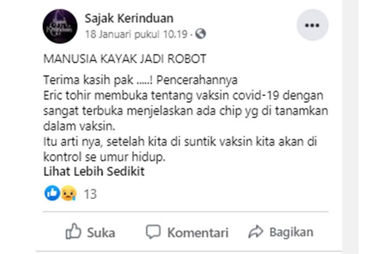 Tangkana layar unggahan hoaks bahwa vaksin Sinovac yang digunakan di Indonesia telah dipasangi chip.