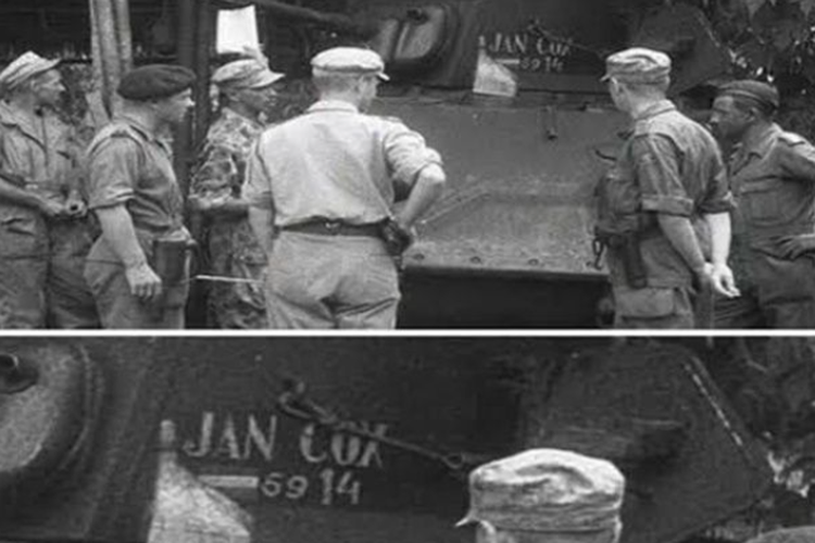 Tank milik Belanda tipe Stuart M3 bertuliskan kata Jan-Cox. Foto diambil di Garut, Jawa Barat pada Oktober 1947.