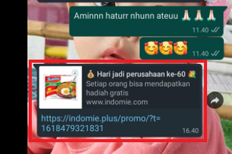 Tangkapan layar link hoaks Indomie bagi-bagi hadiah