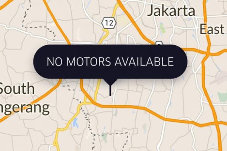 Tampilan aplikasi Uber Motor yang memberitahukan belum ada motor yang bisa dipesan.