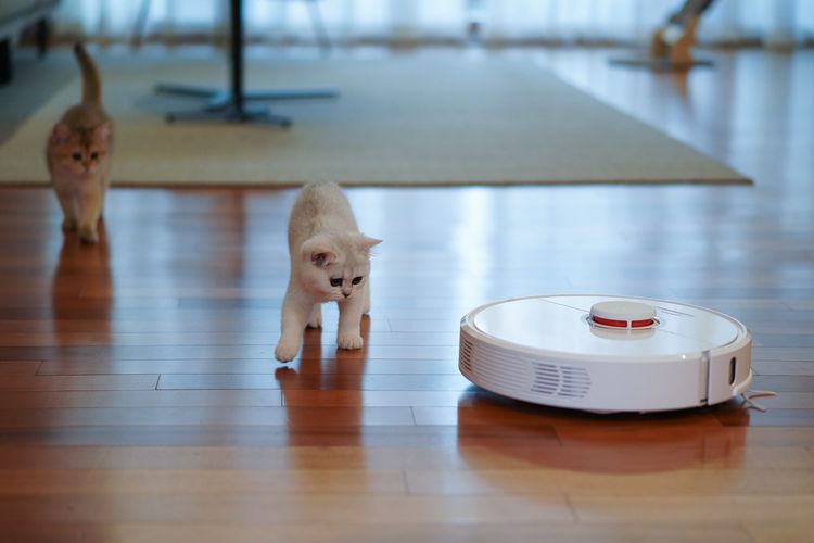 Ilustrasi robot vacuum cleaner, vacuum cleaner robot.