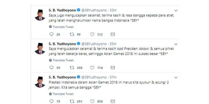 Melalui akun Twitter-nya, SBY mengucapkan terima kasih kepada Presiden Joko Widodo atas kesuksesan Asian Games 2018.