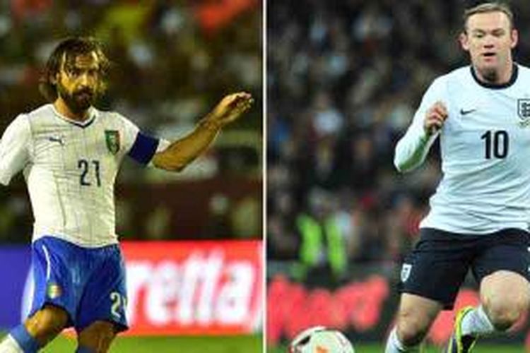 Foto kombinasi yang memperlihatkan aksi gelandang Italia, Andrea Pirlo (kiri), dan striker Inggris Wayne Rooney.