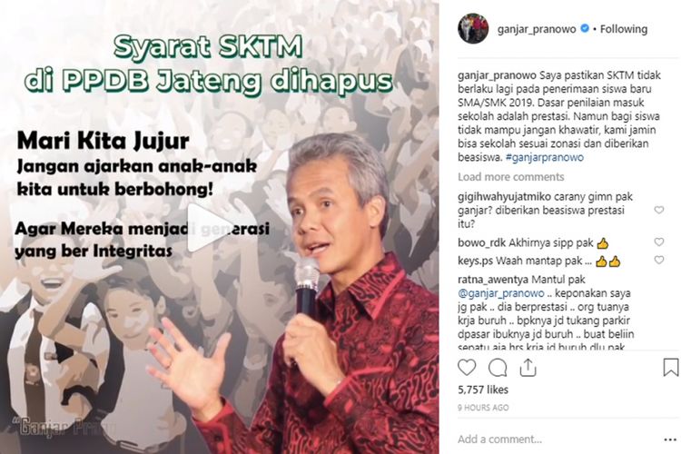Melalui akun Instagram resminya, Gubenur Jawa Tengah Ganjar Pranowo menghapus syarat SKTM dalam PPDB 2019 Jawa Tengah.