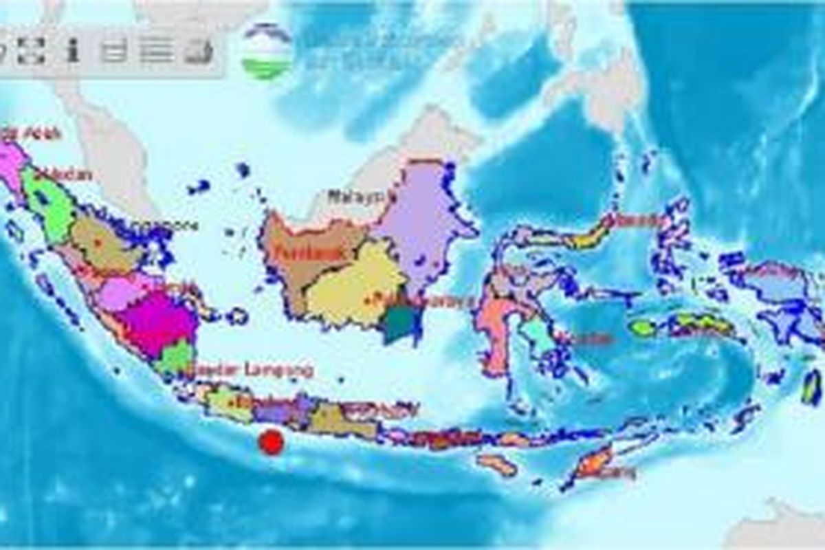 Gempa Kebumen (titik merah) berpusat di wilayah 40 kilometer dari garis pantai, 104 km dari kota Kebumen, pada kedalaman 88 km.