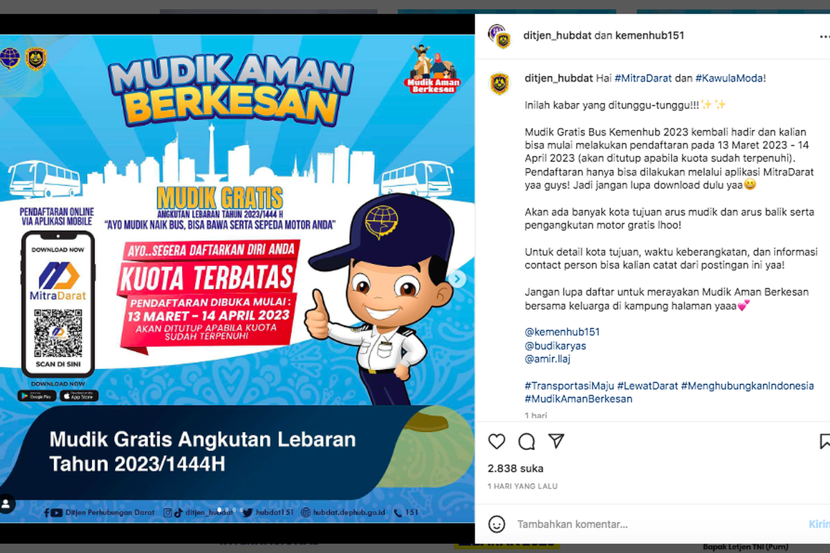 Mudik gratis bus Kementerian Perhubungan (Kemenhub) tahun 2023.