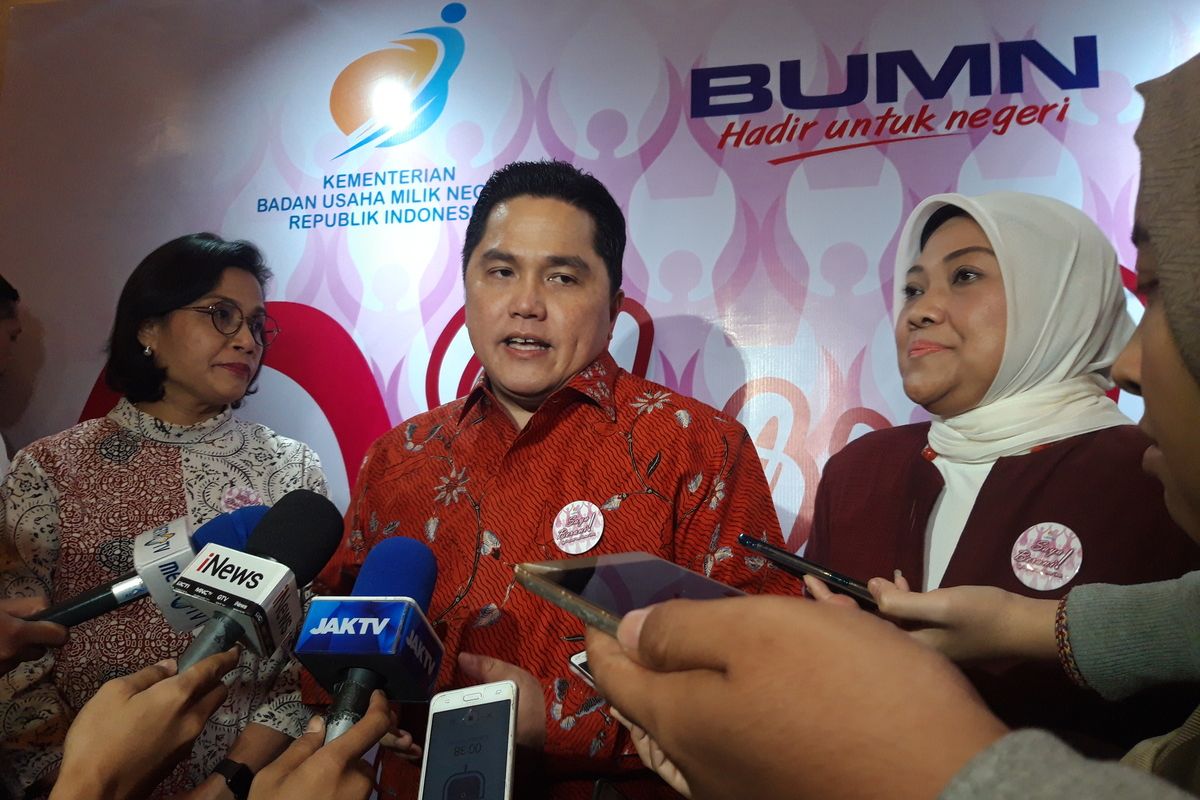 Menteri Keuangan Sri Mulyani Indrawati, Menteri BUMN Erick Thohir, dan Menteri Ketenagakerjaan Ida Fauziah di Jakarta, Minggu (22/12/2019).