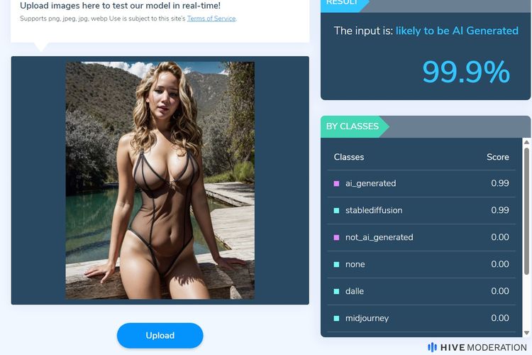 Menurut pemeriksaan Hive Moderation, foto Jennifer Lawrence mengenakan bikini tembus pandang memiliki probabilitas 99,9 persen dibuat AI.