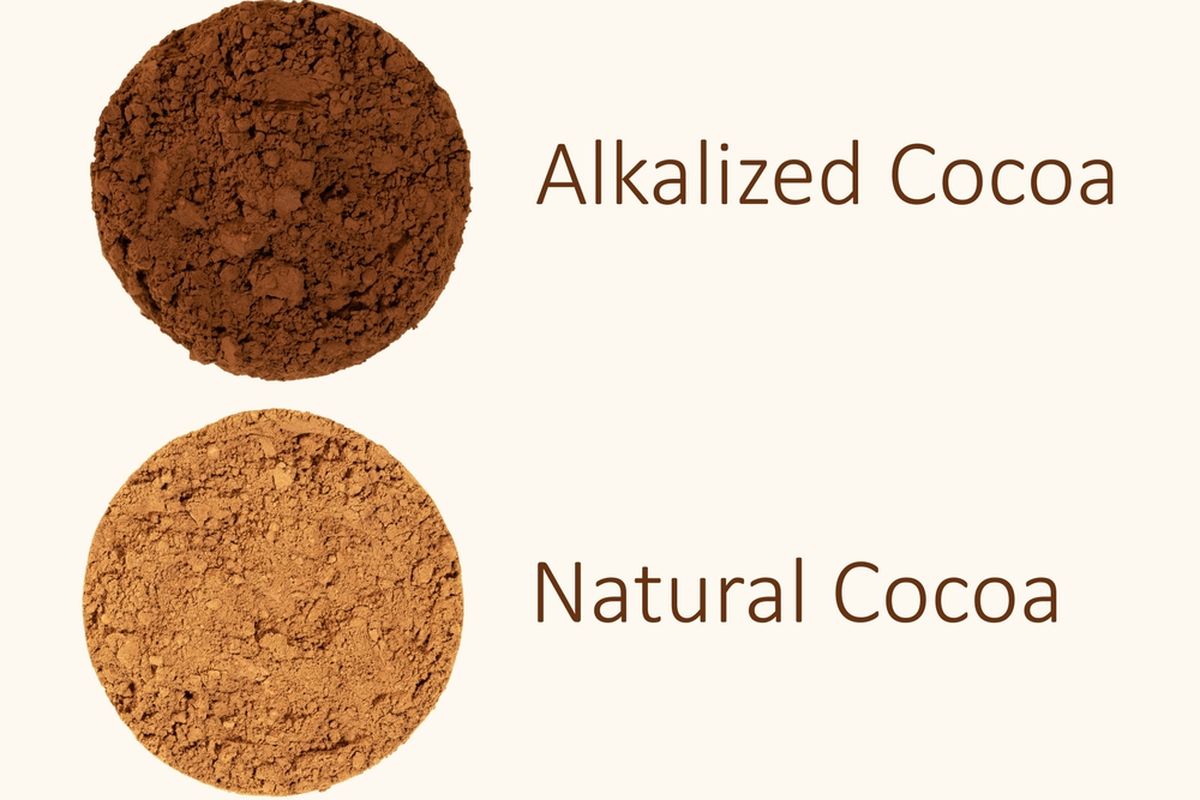 Ilustrasi perbandingan bubuk coklat natural dan yang sudah dialkalisasi.